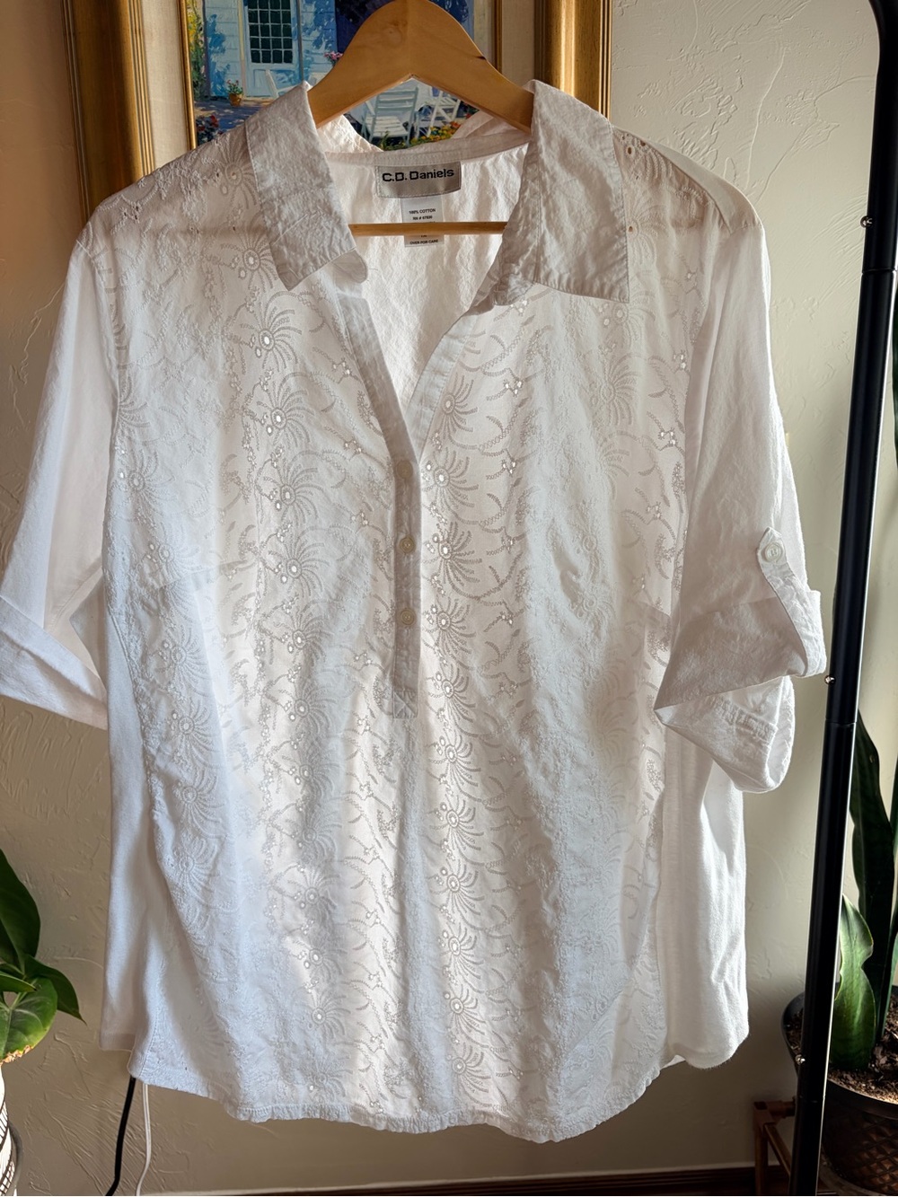 C.D. Daniels White Classic Embroidered Button-Down Eyelet Cottage Shirt Size 1X